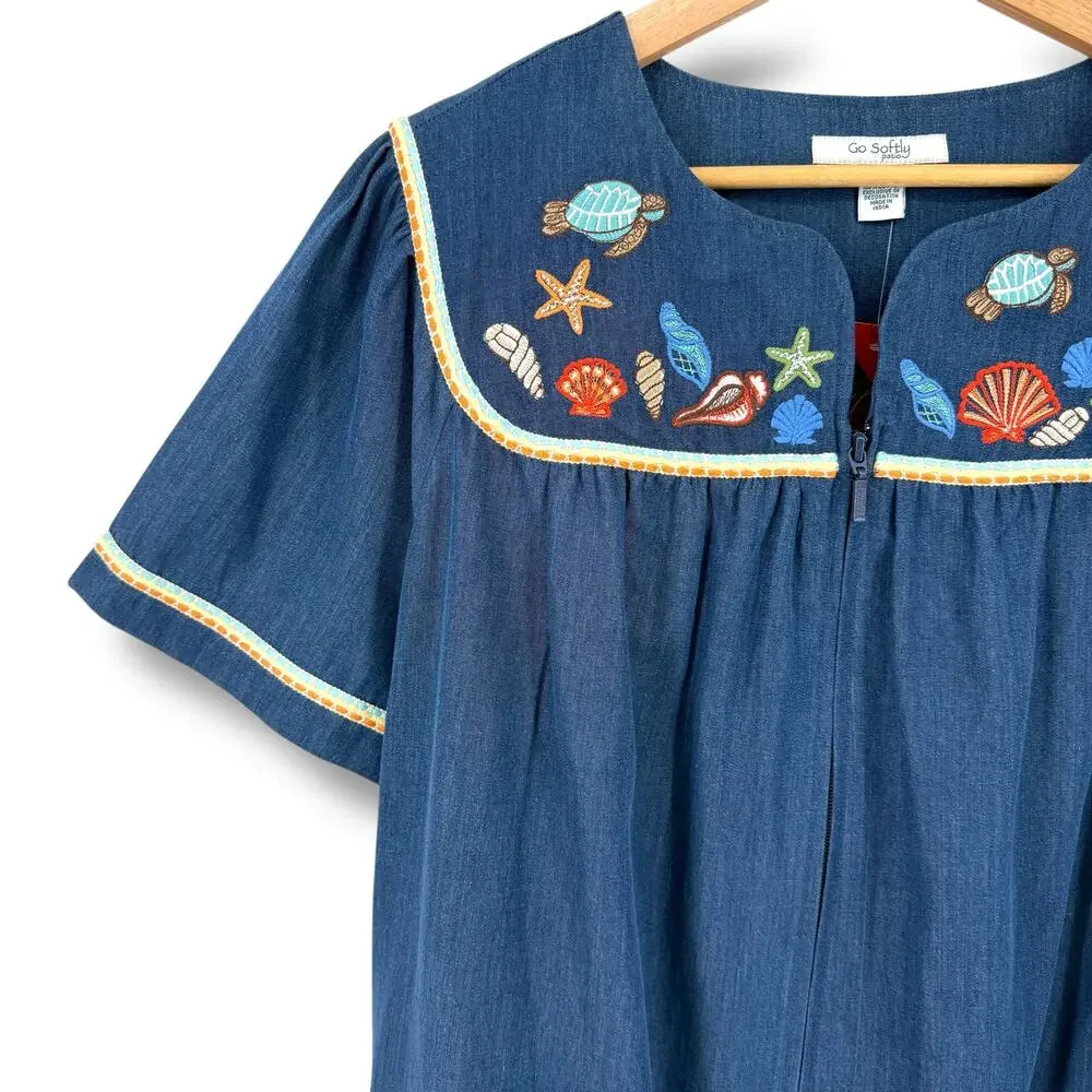 Go Softly Denim Embroidered Turtle Shell Patio Dress Sz XL Sea Life Full Zip - Picture 2 of 10
